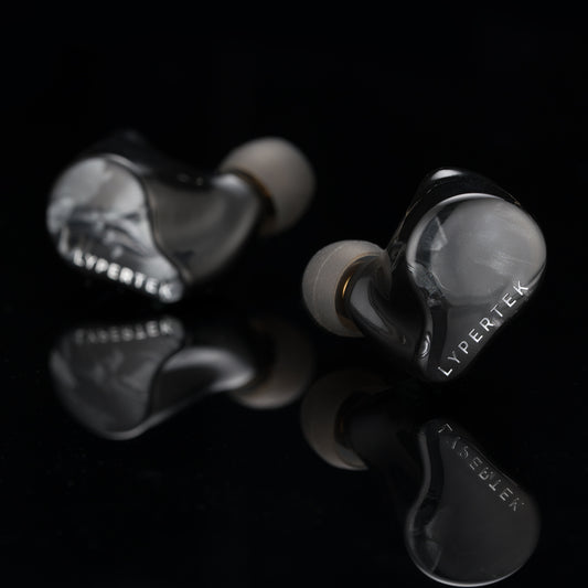 Pair of LYPERTEK  PUREPLAY C3 earbuds on a black background