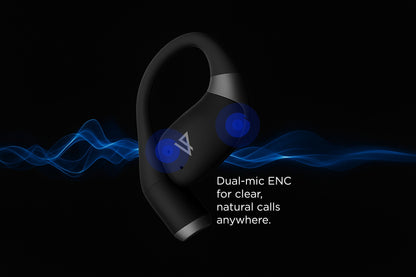 Lypertek Soundfree S40 Black wireless earbud with blue accents on a dark background, featuring text about dual-mic ENC technology.