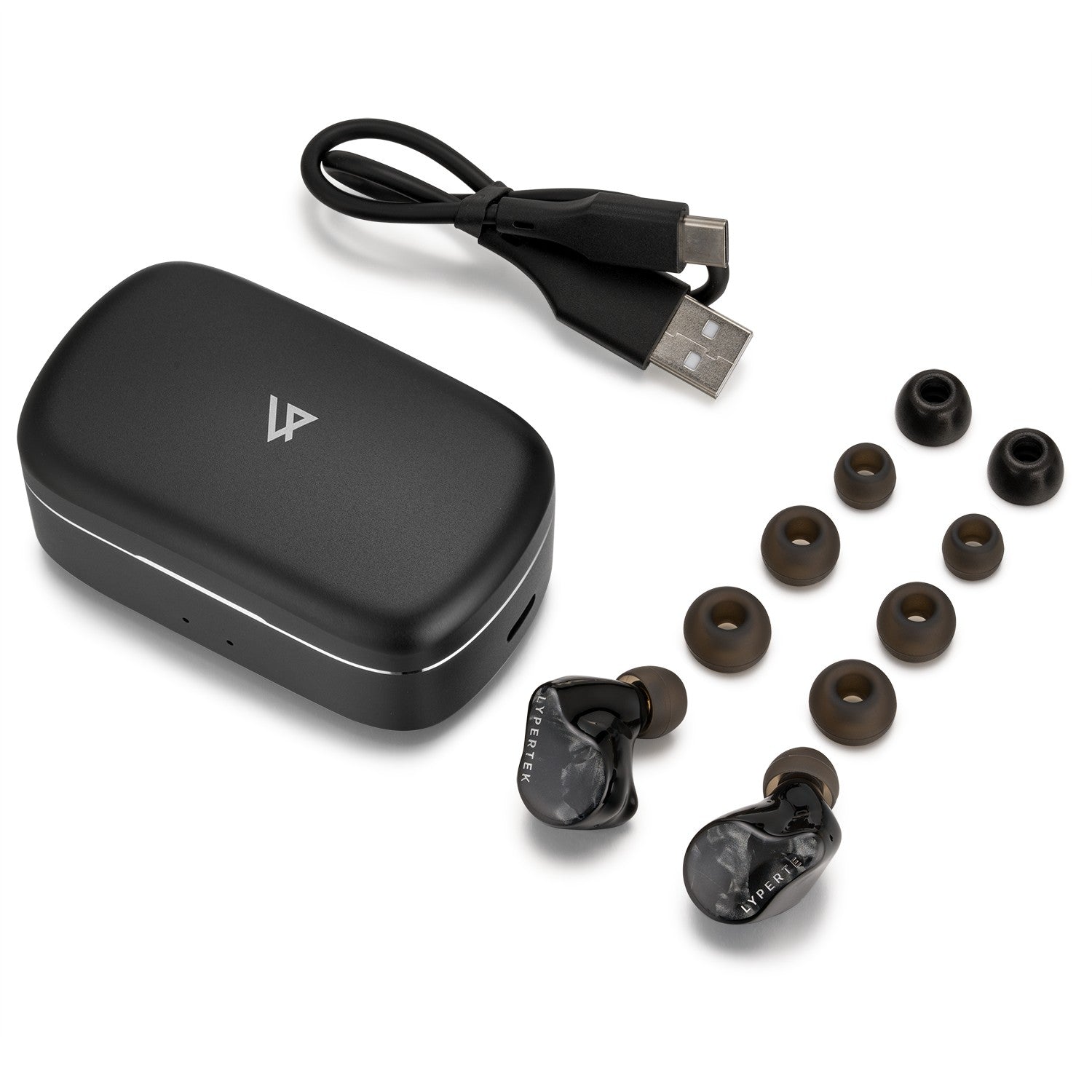 Lypertek PUREPLAY C3 complete package with premium aluminum charging case and accessories