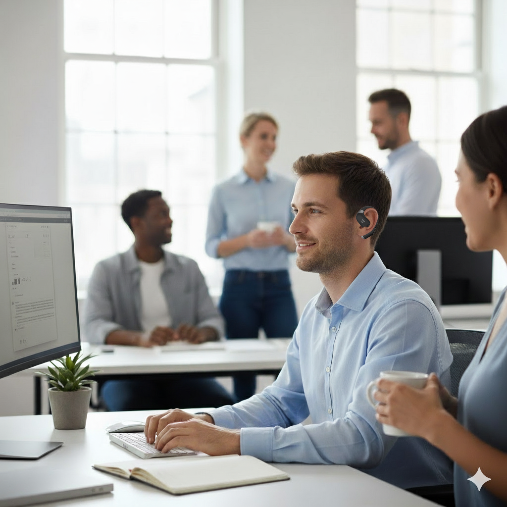 Man wears lypertek soundfree s40, sitting at a desk using a computer with colleagues in the background
