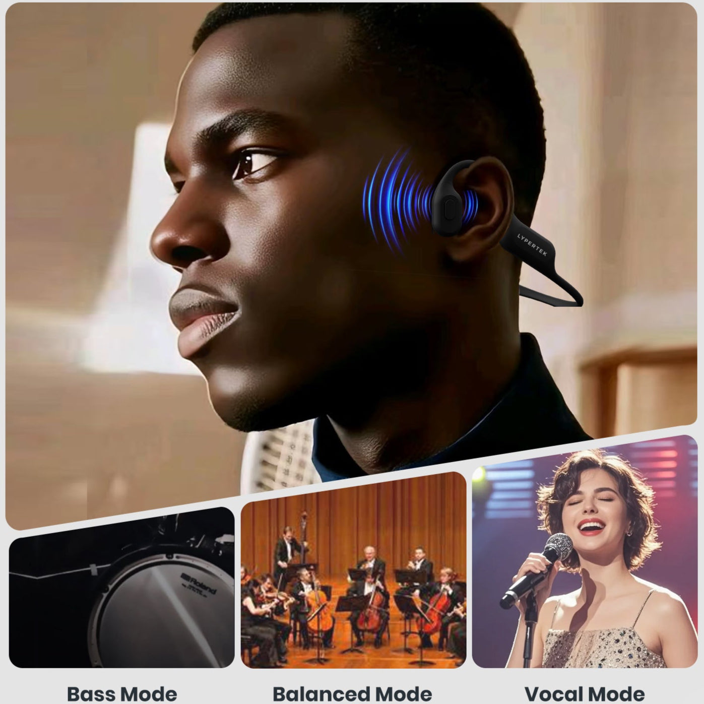 Man wearing S30 headphones with 3 EQ presets mode options
