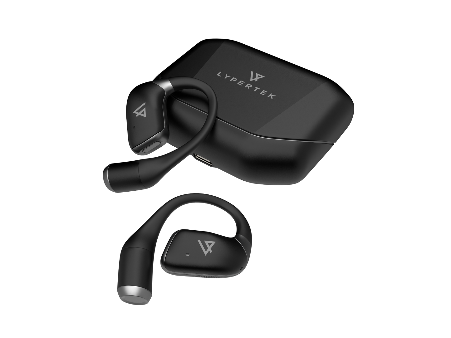 LYPERTEK Soundfree S40 Black wireless earbuds with charging case on a white background, featuring the Lypertek brand.