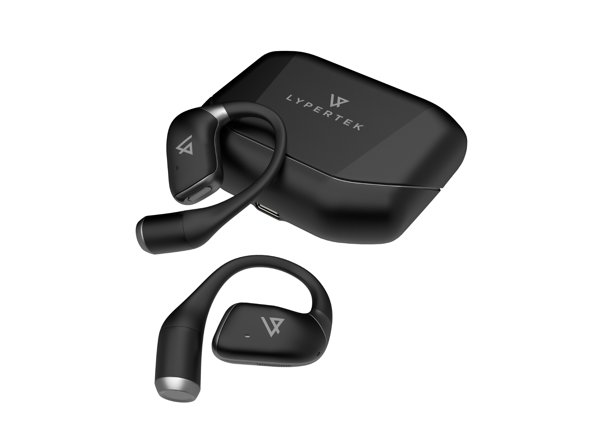 LYPERTEK Soundfree S40 Black wireless earbuds with charging case on a white background, featuring the Lypertek brand.