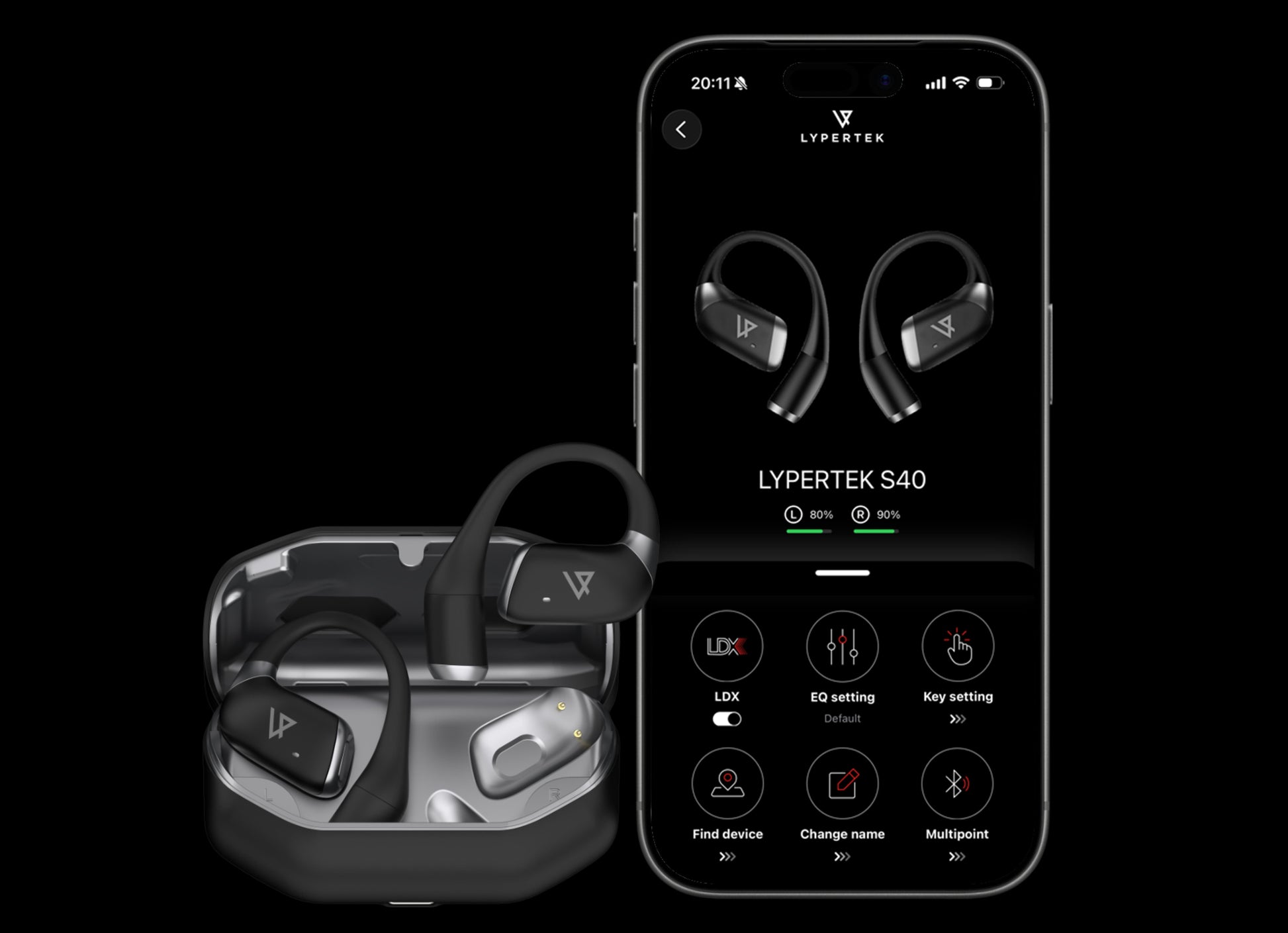 Lypertek Soundfree S40 with charging case and smartphone displaying LYPERTEK S40 app on a black background