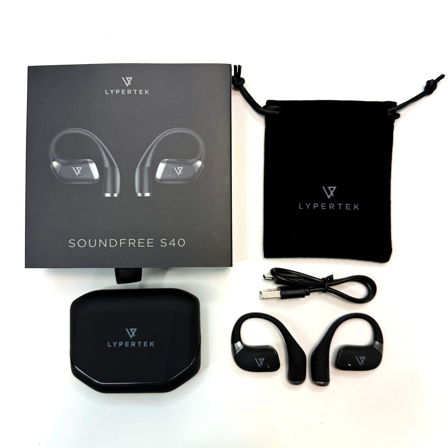 LYPERTEK Soundfree S40 earbuds with packaging, case, and charging cable on a white background