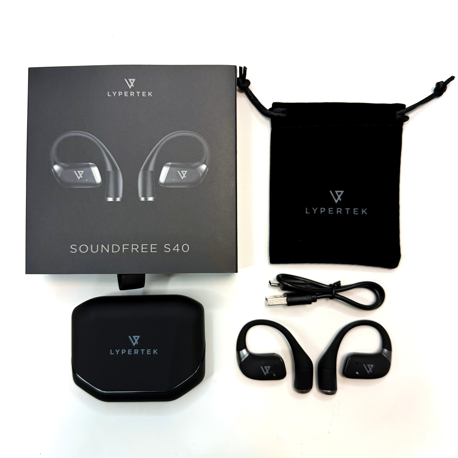 LYPERTEK Soundfree S40 earbuds with packaging, case, and charging cable on a white background