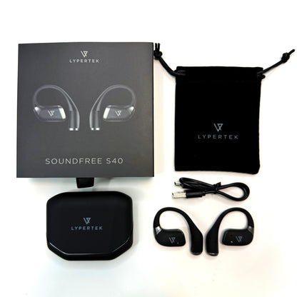 LYPERTEK Soundfree S40 earbuds with packaging, case, and charging cable on a white background