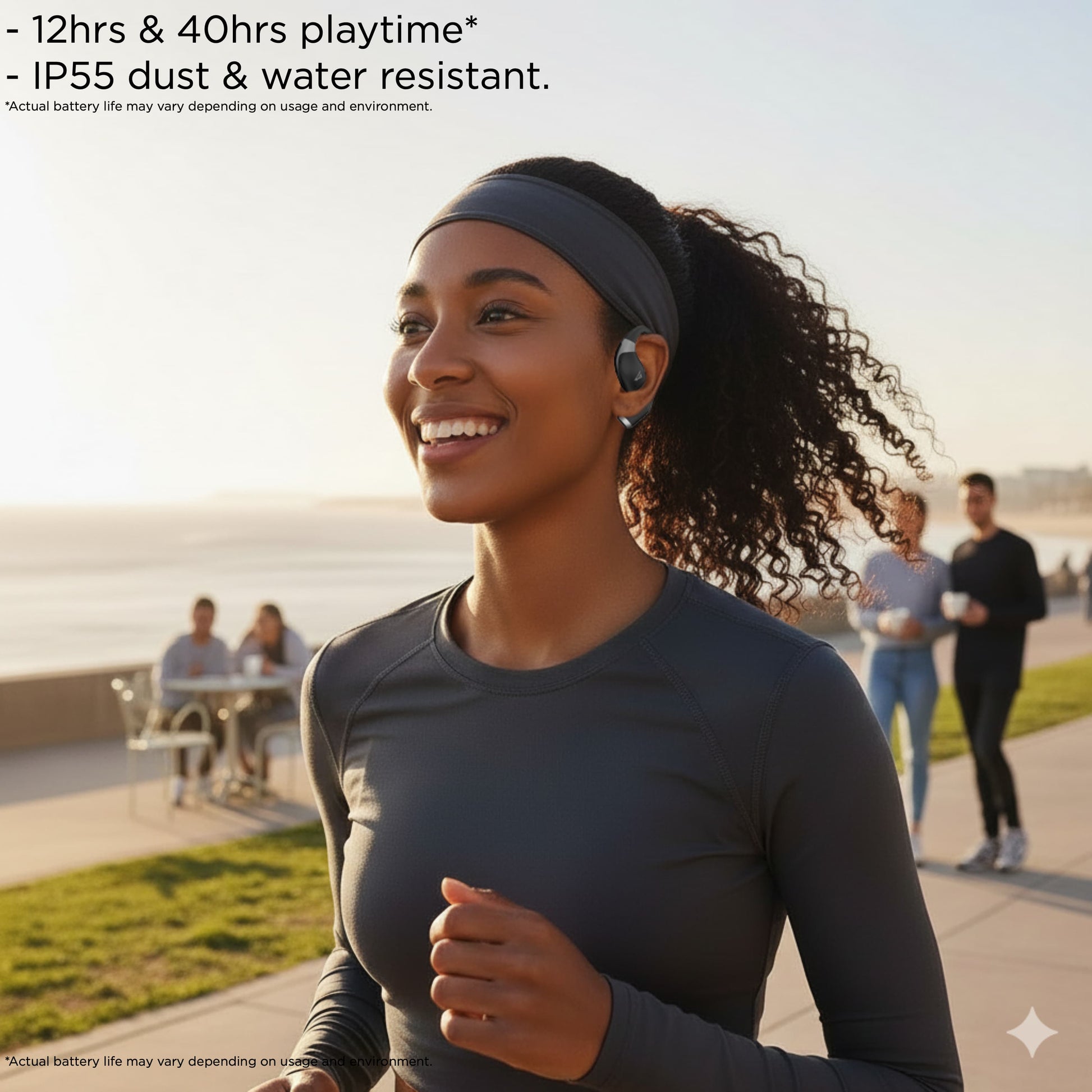 Woman wearing soundfree S40 outdoors with text about playtime and water resistance.