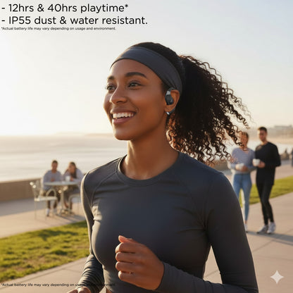 Woman wearing soundfree S40 outdoors with text about playtime and water resistance.